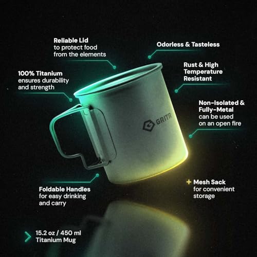 GRITR Titanium Mug, 15.2 fl oz / 25.4 fl oz | Camping, Backpacking, Picnic, Hiking, Travel, Outdoor Cooking Gear w/Lid & Folding Handles | Ultralight Multi-Purpose Metal Cup for Water, Coffee, Tea