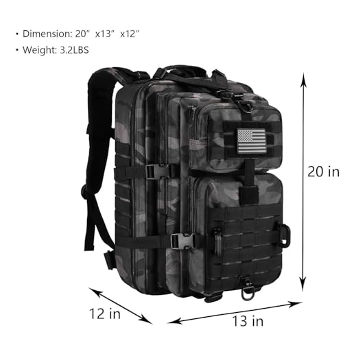 Hannibal Tactical MOLLE Assault Pack, Tactical Backpack Military Army Camping Rucksack, 3-Day Pack Trip w/USA Flag Patch, D-Rings, Black Camo - color: Black Camo