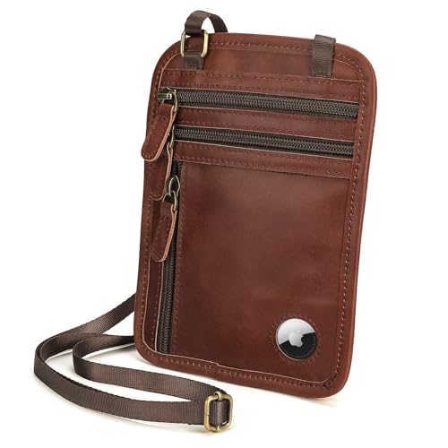 Polare Full Grain Leather Neck Wallet RFID Blocking Conceal Passport Holder Travel Pouch with AirTag Slot for Men - color: Coffee