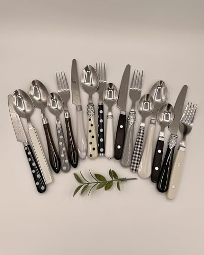 The Original Brink House Eclectic Black & White Mix & Match Stainless Steel Cutlery Set / 16 pieces with Metal Stand/Lifestyle utensils set for home, first apartment, dorm, dinner parties - color: Eclectic Black & White