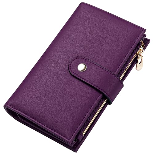 yiijay Womens Wallet RFID Blocking Vegan Leather Trifold Clutch Credit Card Holder Ladies Travel Wallet Purse with Pen Holder - color: 2Dark Purple