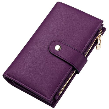 yiijay Womens Wallet RFID Blocking Vegan Leather Trifold Clutch Credit Card Holder Ladies Travel Wallet Purse with Pen Holder - color: 2Dark Purple
