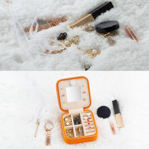 ZPROW Plush Velvet Travel Jewelry Case, Travel Jewelry Organizer, Jewelry Travel Case, Travel Jewelry Box, Small Jewelry Case, Jewelry Travel Box, Earring Organizer with Mirror - Orange - color: Velvet 1 Pack - Orange