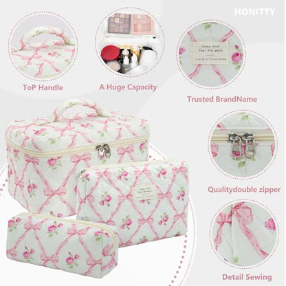 honitty Makeup Bag,Quilted Cosmetic Bag,Large Floral Make Up Bag for Women,Cotton Makeup Bag Set,Flower Travel Toiletry Bag - color: Pink Bow