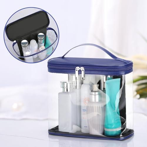 HAOGUAGUA Heavy Duty Leak Proof Clear Travel Bags for Toiletries, Transparent Makeup Cosmetic Bag with Zipper and Handle (1PCS BLUE, Large) - color: 1PCS BLUE