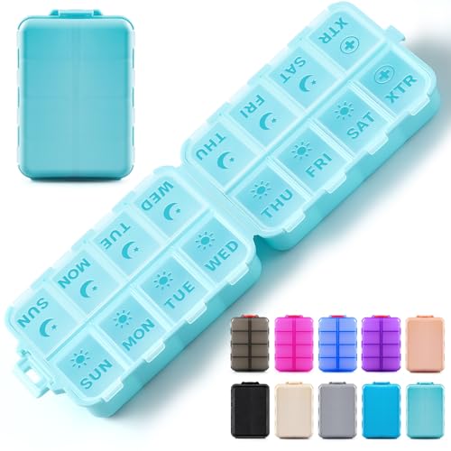 Foldable Weekly Pill Organizer 2 Times a Day with 2 Extra Compartments - Etched Labels - Portable 7 Day AM PM Medicine Box, Week Daily Travel Pill Case Holder for Vitamin, Supplement -Sky Blue - color: Sky Blue, size: AM & PM & EXTRA