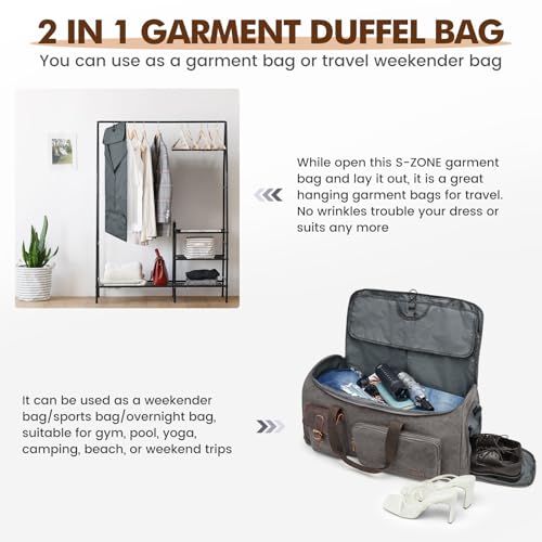 S-ZONE Garment Bags for Travel Convertible Garment Duffle Bags for Travel Suit Carry on Luggage for Men Hanging Suitcase - color: Grey