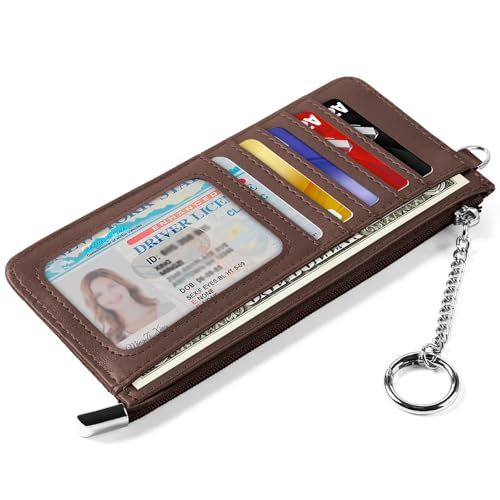 RFID Blocking Slim Credit Card Holder Wallet with Zipper Money Pocket & Keychain, Slim Airtag Wallet for Men Women - color: Cowhide Glossy Brown