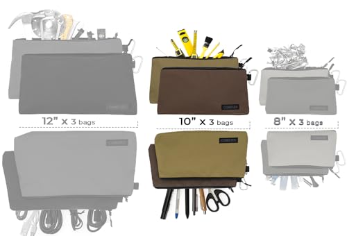 COREFLEX Premium Tool Pouch Zipper Bag, Small Tool Bag, Multipurpose Storage pouch, Heavy duty Flat Bottom Tool bag with YKK Zipper (3 pack Medium 10inch) - size: 3 pack Medium 10inch Khaki
