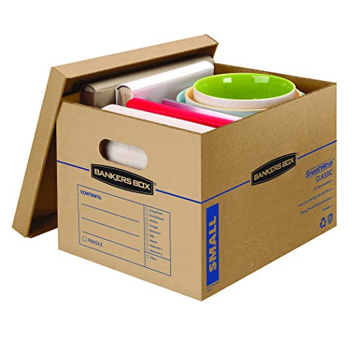 Bankers Box Small Classic Moving Box 5 Pack, Reinforced Handles, Tape-Free Assembly, Box with Lid, 15-in x 12-in x 10-in (7714902) - size: 5 Pack
