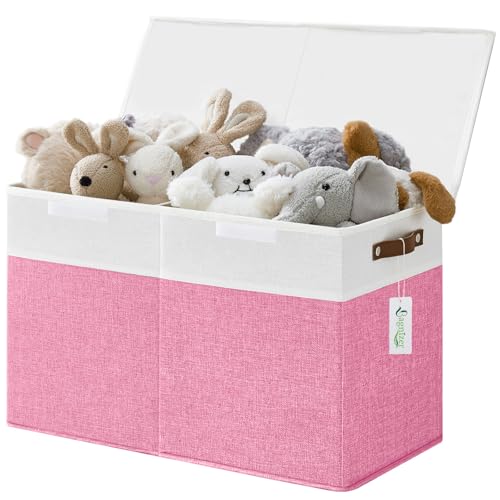 Bagnizer Large Toy Storage Box with Lids, Collapsible Sturdy Baby Storage Organizer Chest Bin Basket for Kids, Boys, Girls, Playroom, Nursery, Bedroom, Closet 25"x13"x16" (Pink and White) - color: Pink and White