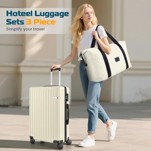 Hoteel Luggage Sets 3 Piece, 4-Yr Warranty, PC+ABS Suitcases with Wheels and Side Hook, Hardshell 20 inch Luggage with Duffel Bag Travel Bag, Beige(20/DB/TB) - color: Beige, size: 3 Piece Set (20/DB/TB)