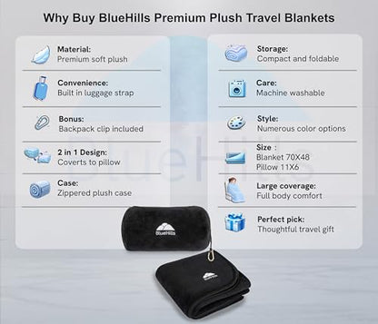 BlueHills Travel Blanket Pillow Rolled Premium Soft Plush Airplane Throw Traveling Accessories Gifts Compact in a Bag 70 X 48 inches Long Plane Flight Portable Lightweight Black R05 - color: R05-black