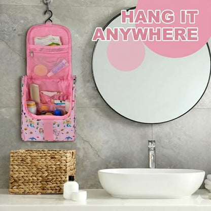 Remobia Hicol Cute Cartoon Hanging Kids Toiletry Bag Children Travel Cosmetic Makeup Organizer Wash Bag Shower bag Over Night Bag Camping Shaving Kit Bag for Boys & Girls (Mermaid Pink) - color: Mermaid Pink