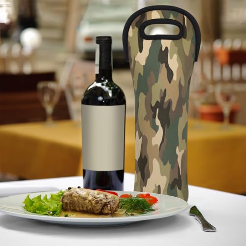 Camo Wine Tote Insulated Bag for Travel Single Bottle Wine Cooler Bags Neoprene Wine Bottle Holder Covers with Secure Handle Wine Carrier