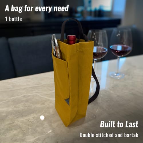 Under NY Sky Wine Tote Bag, Portable Canvas Carrier w/Shoulder Strap, Lightweight, Wine Gift for Travel & Picnic - Single Bottle - Mustard (Wine Bag 1 Slot Mustard) - color: Wine Bag 1 Slot Mustard