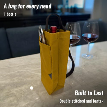 Under NY Sky Wine Tote Bag, Portable Canvas Carrier w/Shoulder Strap, Lightweight, Wine Gift for Travel & Picnic - Single Bottle - Mustard (Wine Bag 1 Slot Mustard) - color: Wine Bag 1 Slot Mustard