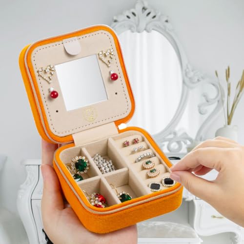 ZPROW Plush Velvet Travel Jewelry Case, Travel Jewelry Organizer, Jewelry Travel Case, Travel Jewelry Box, Small Jewelry Case, Jewelry Travel Box, Earring Organizer with Mirror - Orange - color: Velvet 1 Pack - Orange