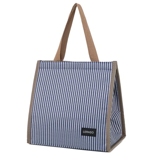 Insulated Lunch Bag for Work, 10.2"x5.9"x10.2" Oxford Waterproof Striped Canvas Tote Bag - color: Blue White