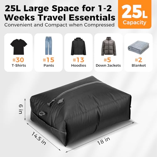 Travel Vacuum Seal Bags with Wireless Rechargeable Pump, 25L Durable Reusable Compression Packing Bags for Carry-On Suitcase & Backpack, IP67 Waterproof Space Saver Kit (2 Pack)