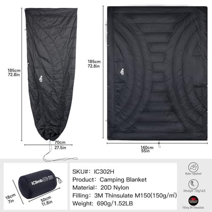iClimb 3M Thinsulate Insulation Warm Camping Blanket Ultralight Compact - color: Black, size: 72.8” × 55”, 1.52 lb