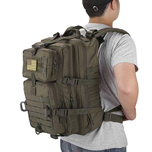 Hannibal Tactical MOLLE Assault Backpack, Tactical Backpack Military Army Camping Rucksack, 3-Day Pack Trip w/USA Flag Patch, D-Rings, Olive - color: Olive
