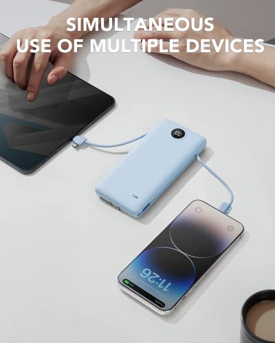 VRURC Portable Charger Built-in Cables and AC Wall Plug, USB C Power Bank 10000mAh, Travel Essentials Phone Charger Compact Lightweight External Battery Pack for Smart Phones, Tablets etc-Blue - color: Blue