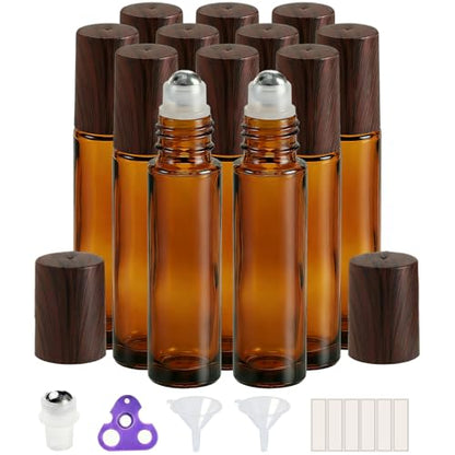PrettyCare 12 Pack, 10 ml Essential Oil Roller Bottles with Stainless Steel Roller Ball - Refillable Leak-proof Empty Thick Amber Glass Roll on Bottles with Wooden Caps for Travel, Perfume - color: Amber with Wooden Cap, size: 12 Pack