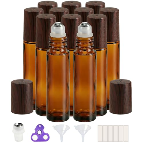 PrettyCare 12 Pack, 10 ml Essential Oil Roller Bottles with Stainless Steel Roller Ball - Refillable Leak-proof Empty Thick Amber Glass Roll on Bottles with Wooden Caps for Travel, Perfume - color: Amber with Wooden Cap, size: 12 Pack