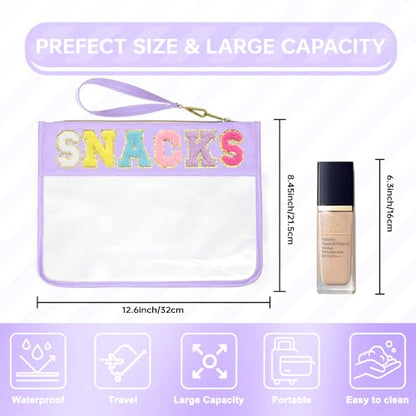 Siwara Snack Bags Clear Pouch Travel Makeup Bag Chenille Letter Bags for Zipper Pouch Clear Cosmetic Bag Clearly Tote Bag Makeup Travel Bags for Women - color: Purple