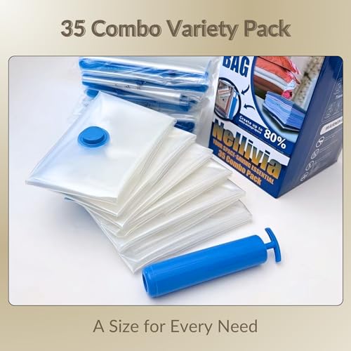 35 Pack Vacuum Storage Bags with Hand Pump, Compression Space Saver for Comforter, Bedding, Blanket Storage, Vacuum Seal Bags for Clothing, Travel Luggage Suitcase and Closet Organizer - size: 35 Combo