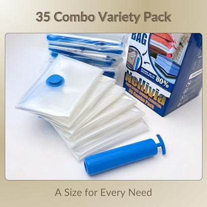 35 Pack Vacuum Storage Bags with Hand Pump, Compression Space Saver for Comforter, Bedding, Blanket Storage, Vacuum Seal Bags for Clothing, Travel Luggage Suitcase and Closet Organizer - size: 35 Combo