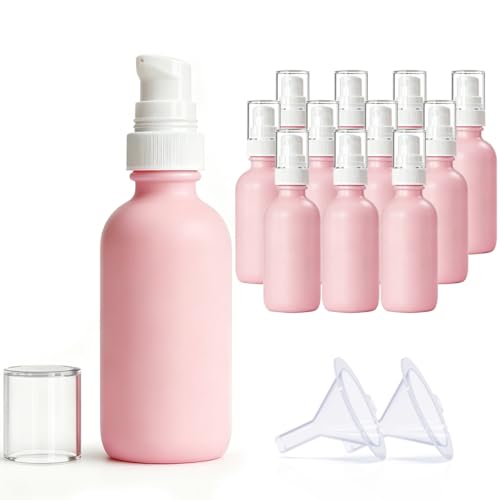 12Pack 60ml Pink Glass Pump Bottle with White Top,2oz Small Dispenser, Travel Size Refillable Botttles for Lotions,Sercums,Essential Oils (2oz Pink) - color: 2oz Pink