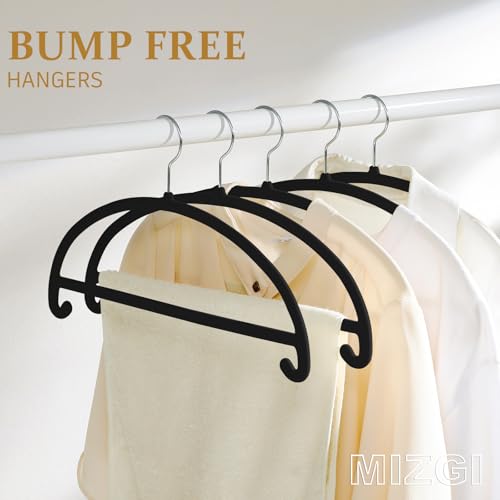 MIZGI 50 Pack Black Velvet Hangers - No Shoulder Bumps, Heavy Duty Non-Slip Chrome Hooks for Jackets, Coats, Pants - color: Black/Upgraded