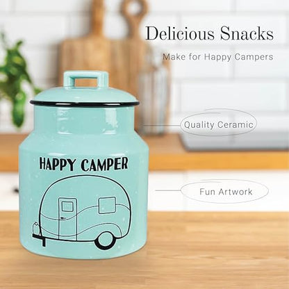 Young's Inc. Ceramic Cookie Jar - Cute Kitchen Counter Storage Canister with Lid - Perfect for Cookies, Coffee, Tea, Candy, Dog Treats, and More - Happy Camper - Mint - color: Teal