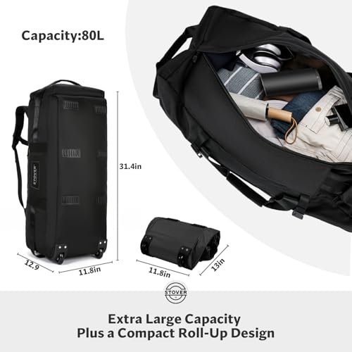 STOVER 45/80/100L Rolling Duffel Bag with Wheels, Large Durable Travel Duffle + Toiletry Bag, Heavy Duty, Packable, Foldable with Shoulder Straps- Use as Luggage or Backpack, Men/Women (Black) - color: Black