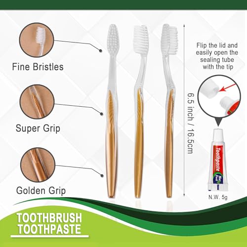20 pcs Disposable Toothbrush with Toothpaste Bulk Individually Wrapped, Travel Toothbrush Kit, Hotel Toothbrushes Bulk for Airbnb,Shelter/Wedding/Nursing Home/Charity/Homeless, Gold - size: 1 Count (Pack of 20)