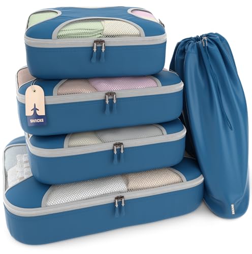 Shacke 5 Set Packing Cubes for Travel – Luggage Organizer & Suitcase Bags with Laundry Bag, Carry On Packing Organizer, Travel Accessories for Women Men (Navy Blue) - color: 5 Set - Navy Blue, size: Set of 5