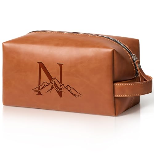 Personalized Gifts Travel Toiletry Bag for Men Engraved Initial PU Leather Waterproof Shaving Bag for Toiletries Accessories Fathers Day Birthday Gift for Men Dad Husband Son, Light Brown N - color: Light Brown, style: N