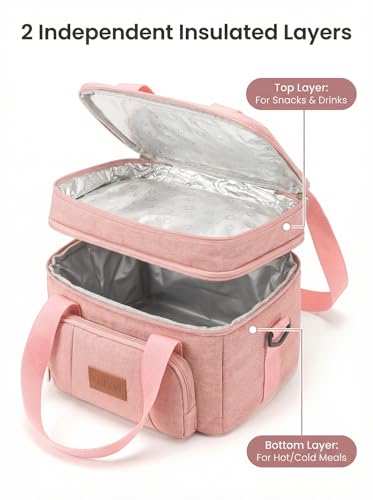 Rnivvi Lunch Box for Women, Double Decker Insulated Cooler Bag Lunch Bag Reusable Leakproof Tote Lunch Container with Strap for Work Family Picnic Hiking Camping, 18 Cans 12L, Large Adults, Pink - color: Pink