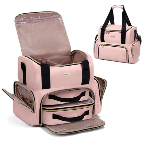 BAFAMYE Large Makeup Cosmetic Bag with 2 Removable Case, Double Layer Travel Makeup Organizer Case, travel Toiletry Bag For Women, Pink - color: Pink