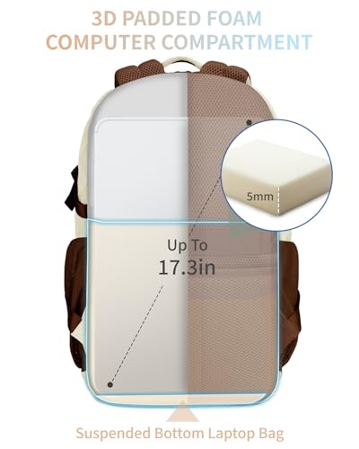 ECOHUB Travel Backpack for Women, 17.3 inch Suspended Laptop Backpack, Fashion Water-Resistant College Computer Bookbag, 28L Personal Item Bag with 12 Pockets for Causal, Work, Cream & Brown - color: Cream & Brown