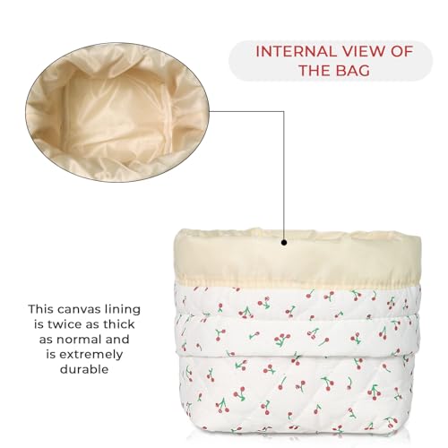 Gosect Makeup Bag, Quilted Cosmetic Bag Set, Drawstring Makeup Bag with Canvas Lining, Large Floral Toiletry Bag for Women Girls, Cute Cotton Flower Travel Organizer Bag (White Cherry - color: White Cherry
