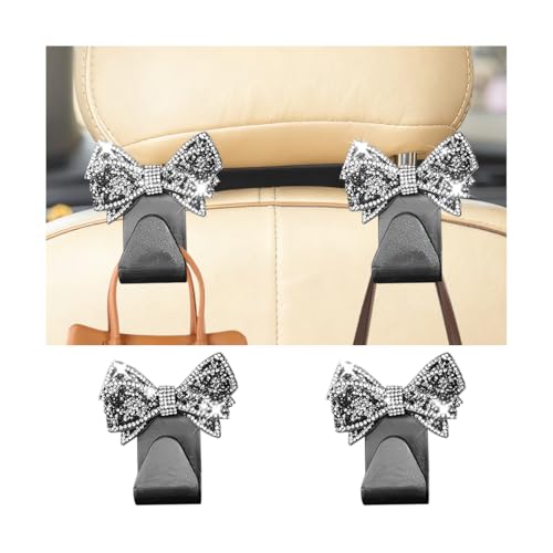 2PCS Bling Bow Car Seat Headrest Hook, Lovely Crystal Rhinestone Back Seat Storage Organizer for Handbag Purse Coat, Girly Sparkling Diamond Backseat Bag Hanger Holder, Universal Fit (Black) - color: Black