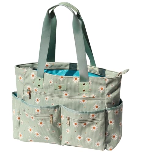 Weekender Bag Carry On Bag Overnight Tote Travel Duffle with 13 Pockets for Travel,Work，Gym,Beach,Teacher,Nurse - color: Corduroy matcha daisy