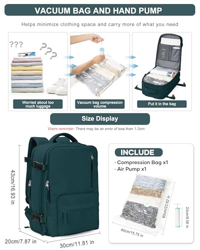 VGCUB Large Travel Backpack with Vacuum System Carry on Personal Item Storage Compression Seal Bags for Clothing with Pump Work Business Vacpack Laptop Backpack for Women Men Peacock Blue