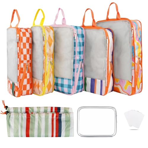 7 Pcs Compression Packing Cubes for Travel Luggage, Lightweight Suitcase Organizer Bags Set, Compression Packaging Cube for Travel Essentials, Packing Cubes for Carry on Suitcase - color: check