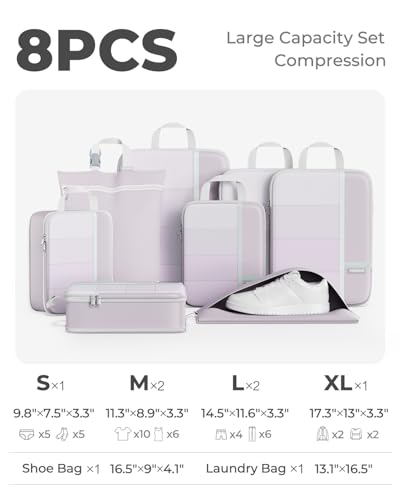 Percover Compression Packing Cubes for Travel, 8-Piece Structured Compression Organizer Set with Laundry Bag & Shoe Bag for Carry-On & Checked Luggage, Purple - color: Purple, size: 8 Set