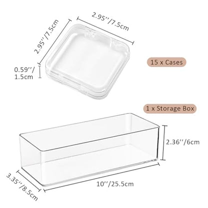 15 Pcs Clear Travel Jewelry Cases with Storage Box Plastic Jewelry Organizer Protective Container for Bracelets, Necklaces, Earrings, Powder Puff, Press-on Nails