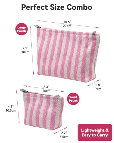 2 Pcs Makeup Bag Set, Women Gifts, Travel Cosmetic Bags, Canvas Make up Bag for Purse, Pink Striped Makeup Pouch with Zipper Lining, Cosmetic Storage Car Organizer, Portable Large & Small Toiletry - style: Striped Pink Canvas
